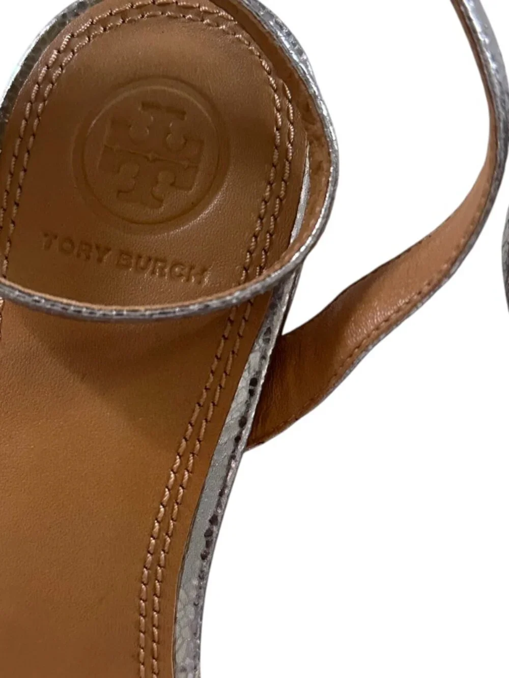 Tory Burch - Elana Silver Leather Kitten Heel Sandals - Size 8 - NWT